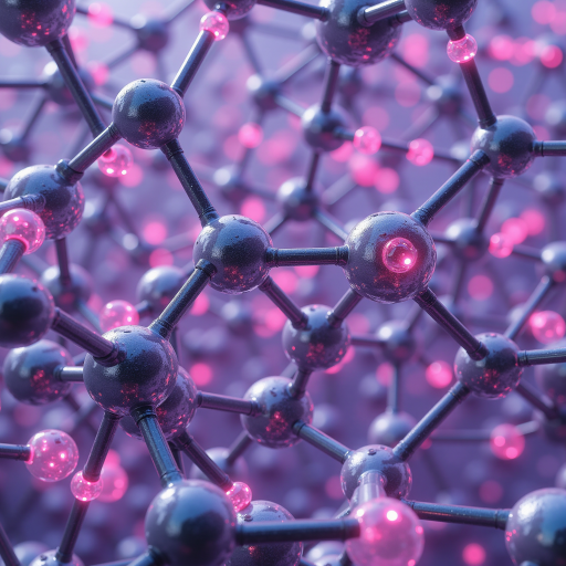 echem.cn域名标识，紫色渐变背景，现代科技感设计，圆形徽章样式，中央显示echem.cn文字，周围环绕化工分子结构图案，明亮自然光效果